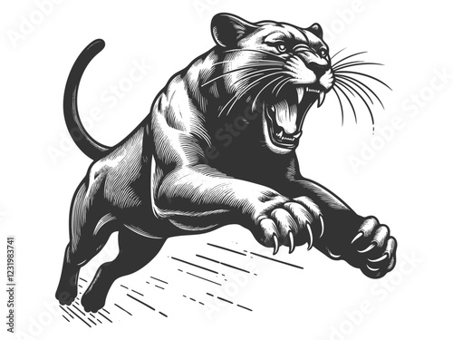 Jumping running panther, emphasizing its muscular build and agility. Tattoo design sketch engraving generative ai vector illustration. Scratch board imitation. Black and white image.