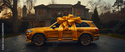 A lavish SUV embellished with a large golden ribbon sits in front of an upscale home during the evening. The setting sun casts a warm glow on this extravagant gift photo