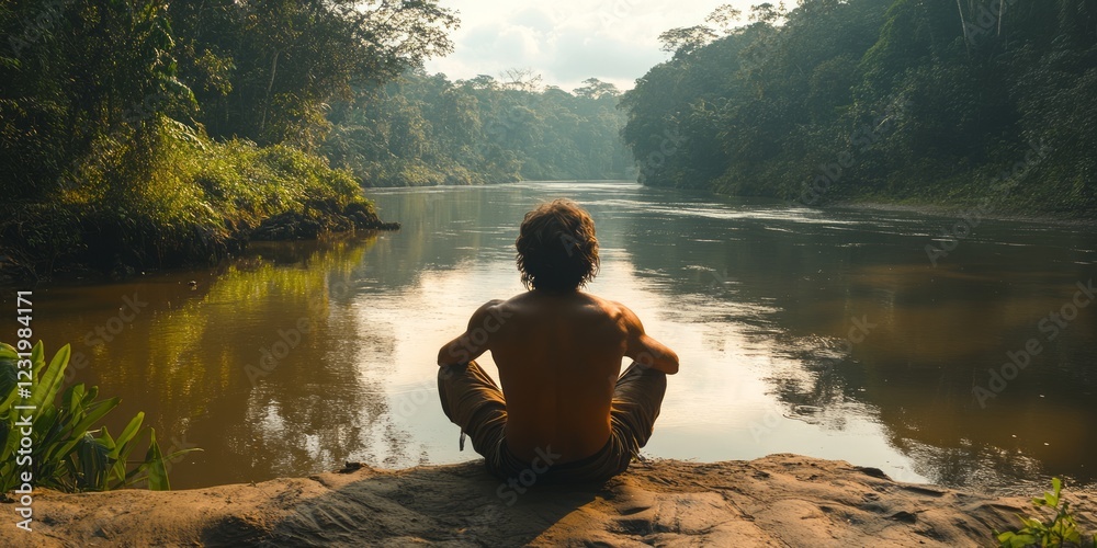 A man of Indigenous descent relaxes on the riverbank during early morning hours, enjoying the serene landscape and the sounds of nature in the quiet wilderness A man of Indigenous descent relaxes on the riverbank during early morning hours, enjoying the serene landscape and the sounds of nature in the quiet wilderness