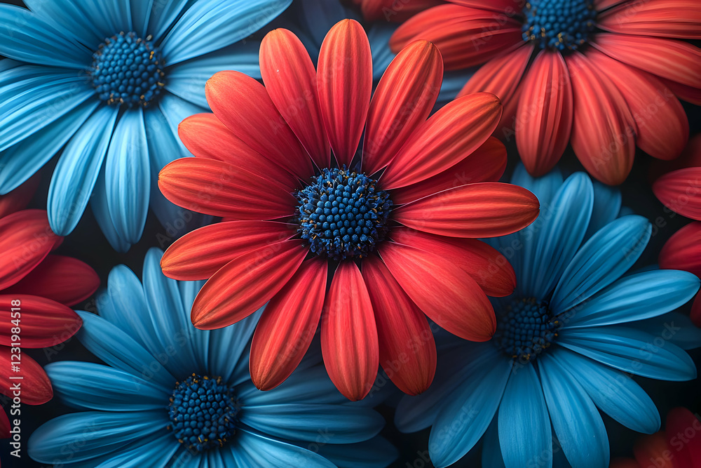 Fototapeta premium Closeup Vibrant Red and Blue Daisies
