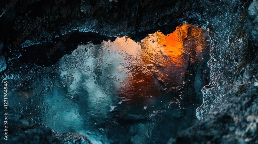 Abstract ice cave reflection, orange light, winter Abstract ice cave reflection, orange light, winter