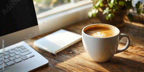 A clean and organized workspace showcases a computer next to a steaming coffee cup and a notepad. Soft natural light streams through a nearby window, creating a serene atmosphere