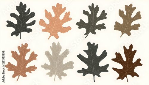 Eight autumn oak leaves, various earthy tones, white background, fall design element