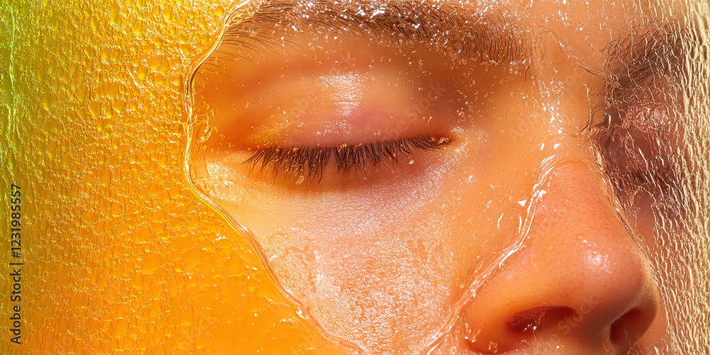 Fototapeta premium Human Eye and Nose Partially Covered by Yellow-Orange Gel Mask