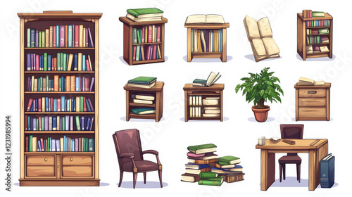 School public library or bookshop interior furniture cartoon vector set. Wooden cabinet with paper book rows on shelves, desk with stack of literature, chairs and plant in pot. Information storage.