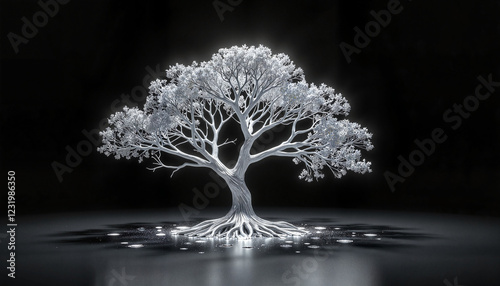 Metallic silver tree with glowing leaves on reflective surface, nature-tech balance photo