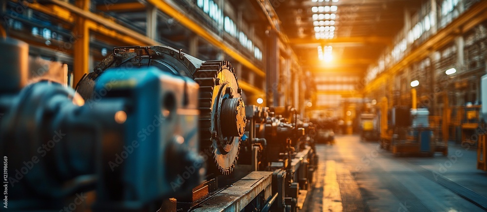 Industrial machinery lined up in a factory during sunset, showcasing a warm atmosphere Industrial machinery lined up in a factory during sunset, showcasing a warm atmosphere