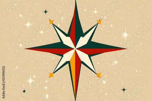 Festive eight-pointed star on beige background with sparkles; ideal for holiday cards