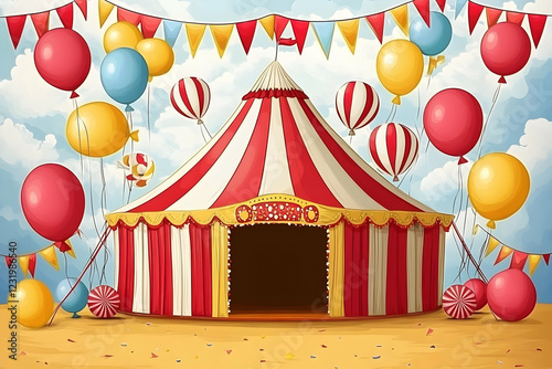 Festive circus tent, balloons, candy, sunny day; ideal for event promotion photo