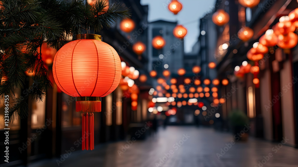 Festive lanterns illuminate a city alleyway at dusk; blurred background with pedestrians; ideal for travel, culture, or holiday themes Festive lanterns illuminate a city alleyway at dusk; blurred background with pedestrians; ideal for travel, culture, or holiday themes