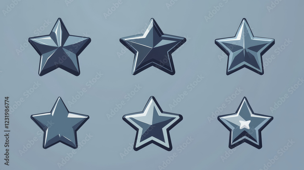 Silver game rank stars set isolated on blue background. Vector cartoon illustration of sparkling gray icons, symbols of score points, ranking progress reward, military buttons, gui design elements Silver game rank stars set isolated on blue background. Vector cartoon illustration of sparkling gray icons, symbols of score points, ranking progress reward, military buttons, gui design elements