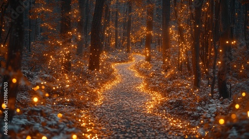 Enchanted Forest Path, Winter Night, Lights