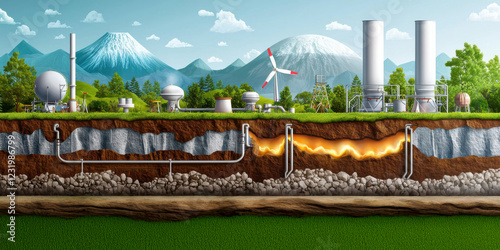 Geothermal Energy Concept. Illustration depicting a geothermal energy system with underground pipes, steam, and landscape features like mountains and wind turbines.