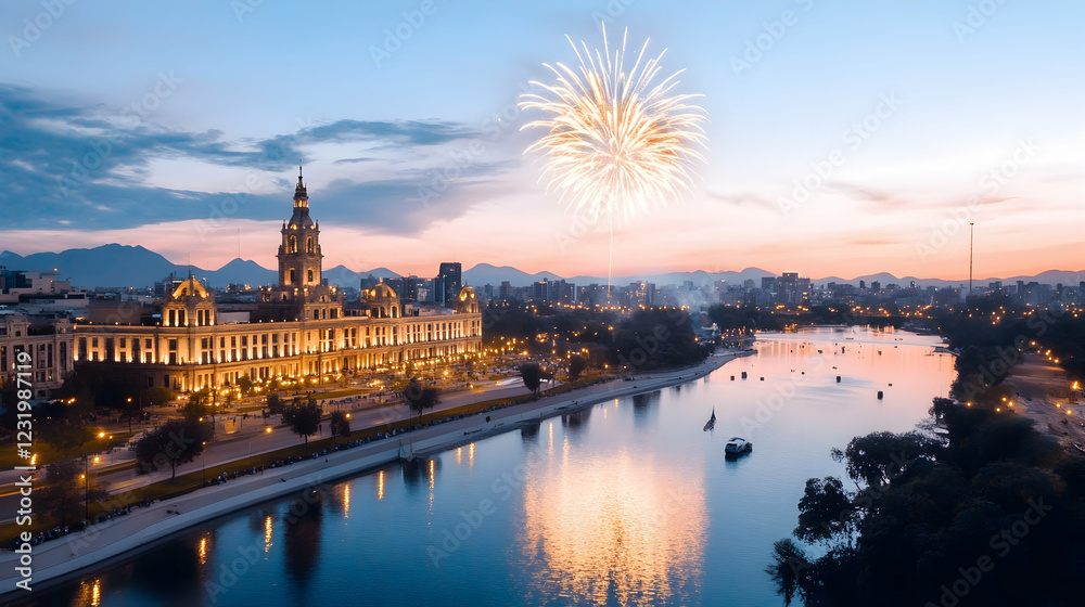 Fototapeta premium Fireworks over city lake and historic building at sunset