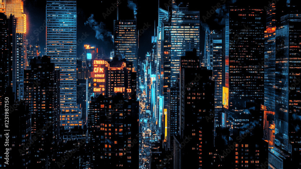 Night downtown street. Neon light city background. Perspective cityscape view with futuristic building. Abstract metaverse district scape with window glow. Cyber dark urban rooftop game panorama Night downtown street. Neon light city background. Perspective cityscape view with futuristic building. Abstract metaverse district scape with window glow. Cyber dark urban rooftop game panorama