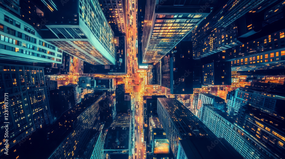 Obraz premium Night downtown street. Neon light city background. Perspective cityscape view with futuristic building. Abstract metaverse district scape with window glow. Cyber dark urban rooftop game panorama