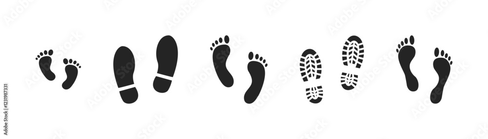 Step footprints paths. footstep prints and shoe steps . shoe tread footprints vector illustration isolated on white background. Step footprints paths. footstep prints and shoe steps . shoe tread footprints vector illustration isolated on white background.