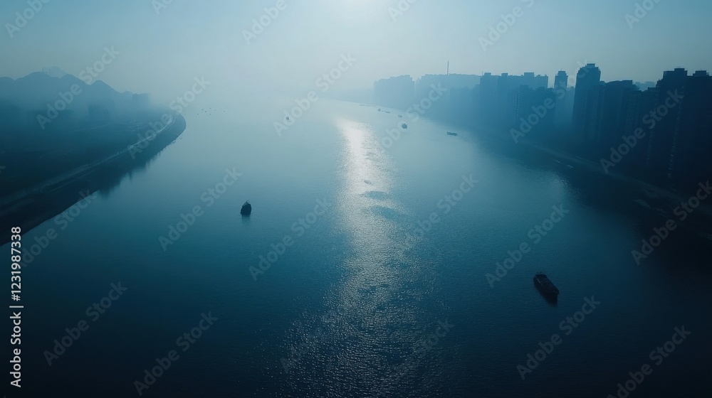 Fototapeta premium A river with boats floating on it and a city in the background