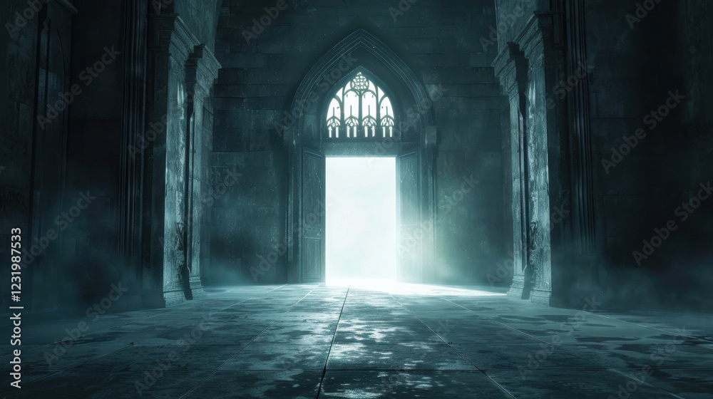 Obraz premium mysterious hallway with open door, illuminated by soft light, creates eerie atmosphere. stone walls and floor are damp, enhancing sense of intrigue and suspense