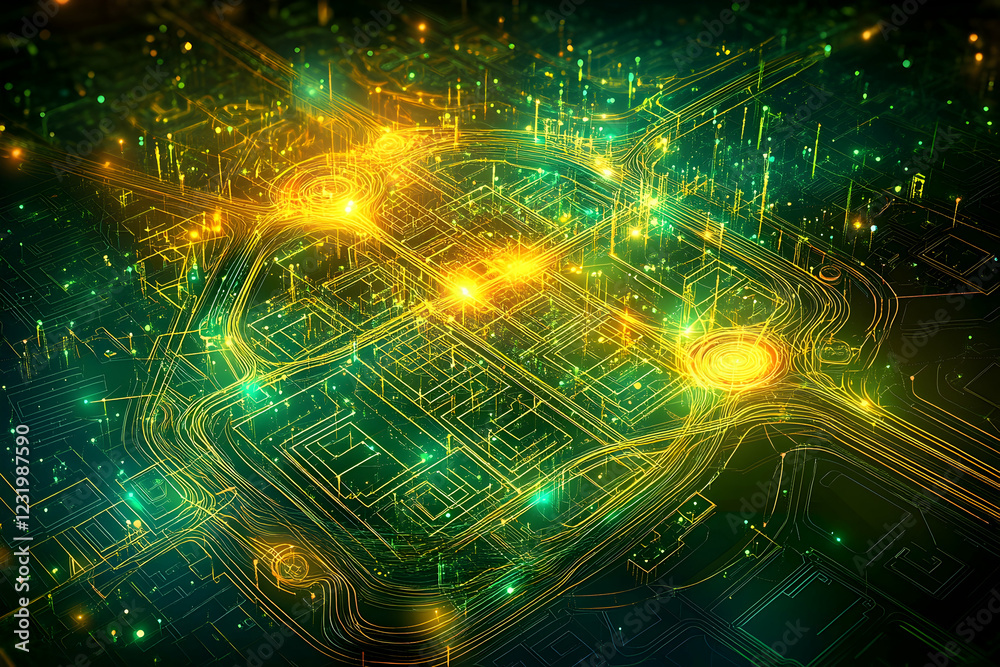 Obraz premium Futuristic city network, glowing pathways, data flow, technology background, website banner