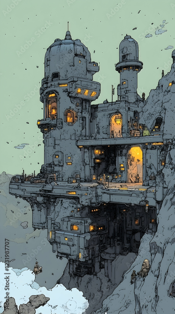 Futuristic mountaintop citadel; glowing windows; desolate landscape; concept art; sci-fi illustration Futuristic mountaintop citadel; glowing windows; desolate landscape; concept art; sci-fi illustration