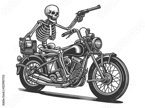 skeleton riding a classic motorcycle, holding a revolver, embodying a rebellious outlaw biker theme sketch engraving generative ai vector illustration. Scratch board imitation. Black and white image.