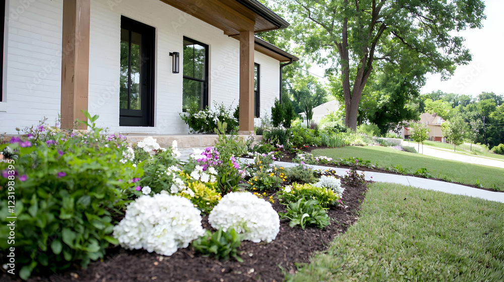 Naklejka premium Modern home exterior, flower garden, suburban street