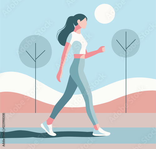 Sports day. Vector flat illustration sport in flat style girl woman in sportswear doing sports walk or jogging in the park in the city. For sports projects, applications