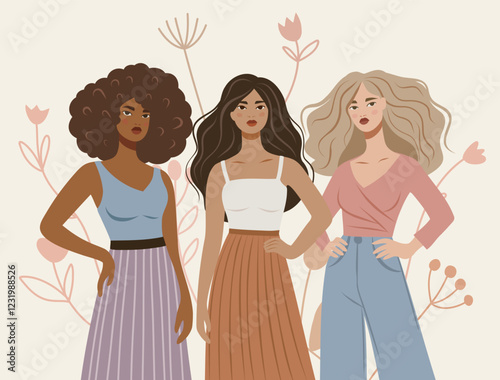  Women's Day, Equality Day, Women's Month. Vector illustration of a feminist. Women of different skin colors and ethnicities stand together in protest poses for freedom and empowerment