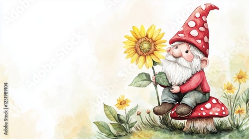 A whimsical gnome sits on a mushroom, holding a sunflower, surrounded by vibrant flowers in a serene, colorful garden setting.