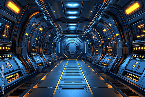 Fototapeta Naklejka Na Ścianę i Meble -  Futuristic spaceship corridor; glowing lights; travel