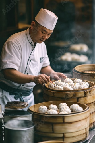 Obraz na płótnie A Chinese dim sum chef preparing dumplings with precision