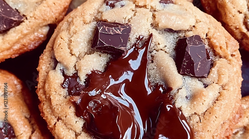 Closeup of decadent chocolate chunk cookies, showcasing rich, melted chocolate and goldenbrown texture.  Perfect for food blogs, bakery websites, or dessertthemed projects. photo