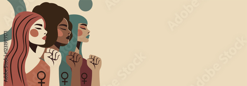  Women's day, women's month. Beautiful women of different skin colors and hairstyles stand together, clenching their hands into fists, a symbol of freedom. Gender equality and women's empowerment.