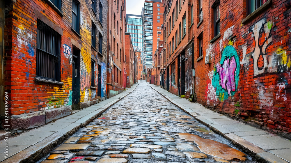 Fototapeta premium Cobblestone street, urban graffiti, city backdrop, travel photography