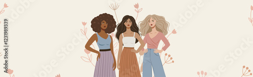 Women's day, Women's month. Women of different skin colors and nationalities stand together in protest poses for freedom and empowerment. Vector illustration with space for text