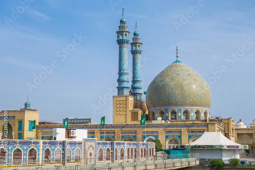 Panorama of buildings of the Fatima Rasumeh shrine complex in Qom, Iran.