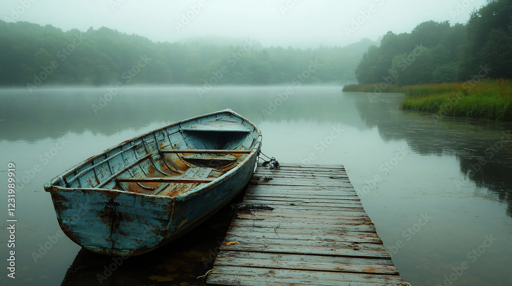 Obraz premium Blue Boat on Lake Shore Foggy Morning