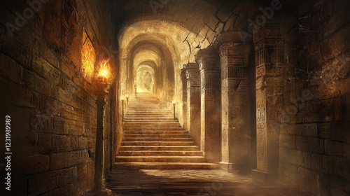 Ancient Egypt palace, castle or pyramid interior. Old pharaoh tomb corridor with bricks walls, pillars, torches, stairs, sand on floor and spiderweb, vector cartoon illustration