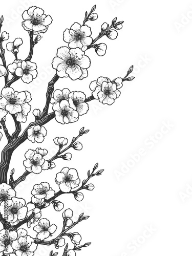 Sakura cherry blossom branch with delicate flowers, spring, renewal, beauty, and traditional Asian aesthetics sketch engraving generative ai vector illustration. Scratch board. Black and white.