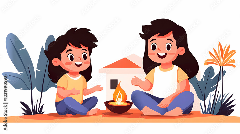 Happy girls chatting by a candlelight in a garden near a house Happy girls chatting by a candlelight in a garden near a house