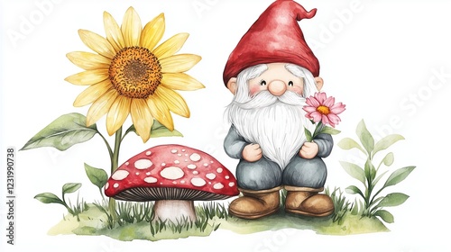 A cheerful gnome stands beside a bright sunflower and a red mushroom, adding a whimsical touch to the garden scene.