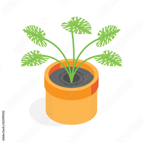 An eye catching isometric icon of a plant in a decorative, square planter.