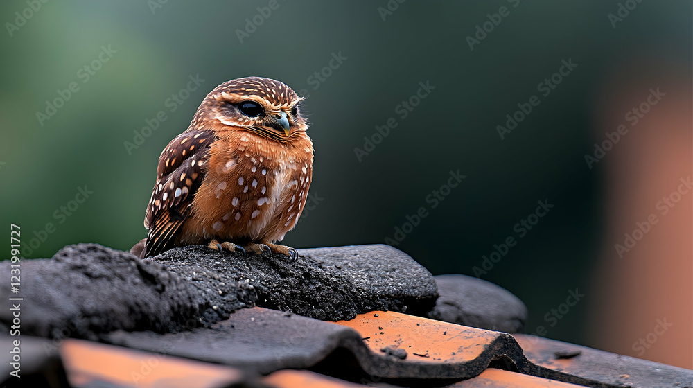 Little owl perched on rooftop, blurry green background, wildlife photography, nature Little owl perched on rooftop, blurry green background, wildlife photography, nature