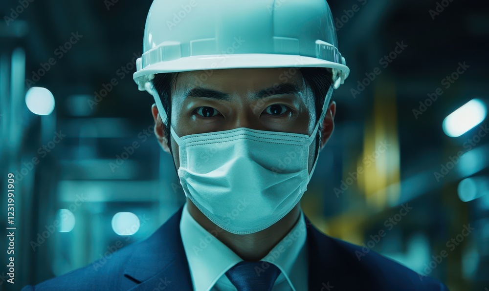 Close up face of business engineer manager wear mask in suit and white safety helmet in factory on industry, worry and anxious worker protect and safe during Coronavirus or Covid-19 concept Close up face of business engineer manager wear mask in suit and white safety helmet in factory on industry, worry and anxious worker protect and safe during Coronavirus or Covid-19 concept