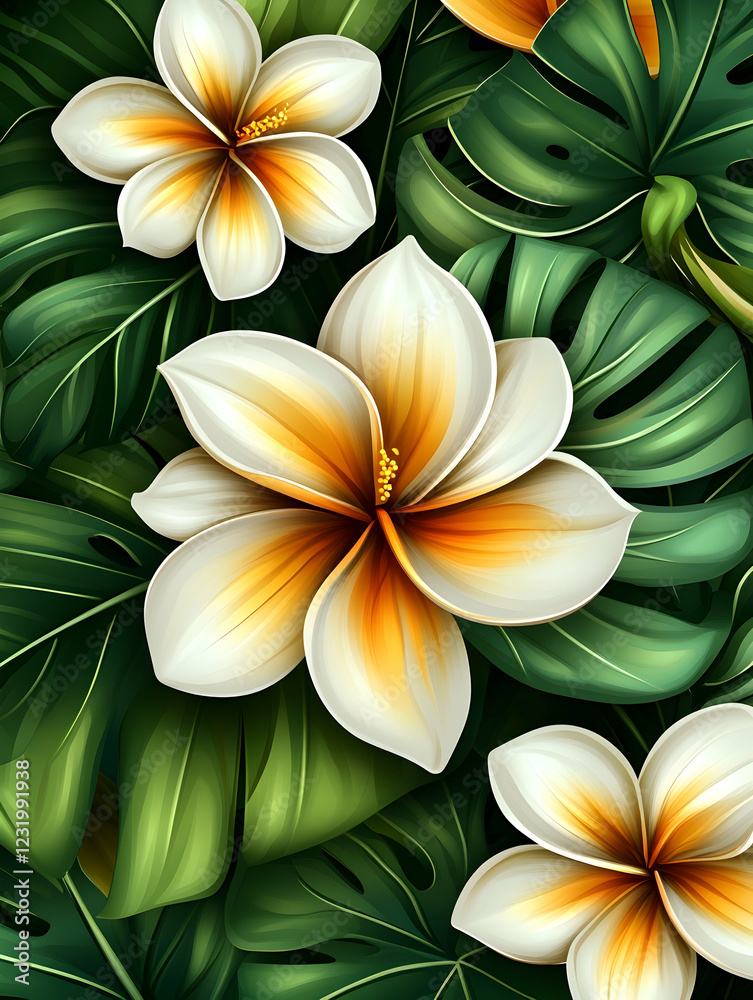 Obraz premium Lush tropical flowers and leaves, vibrant background, summer vacation poster