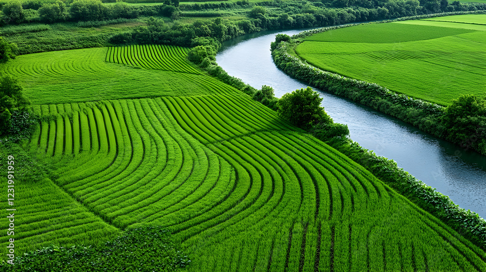 Obraz premium Lush green rice terraces alongside a meandering river; idyllic countryside landscape, perfect for travel brochures