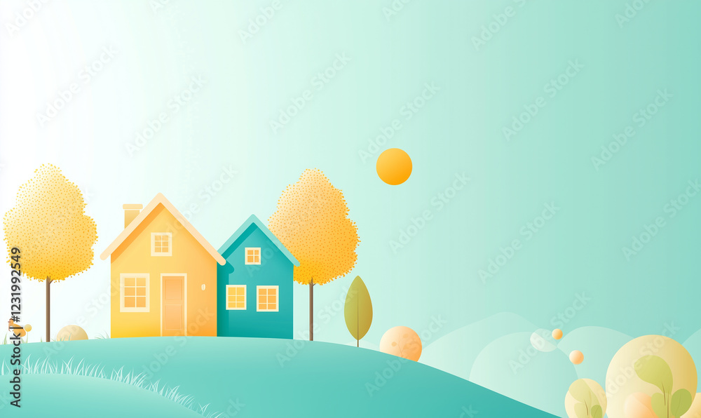 Colorful, whimsical illustration of two houses on a hillside with vibrant trees and a soft pastel background. Colorful, whimsical illustration of two houses on a hillside with vibrant trees and a soft pastel background.