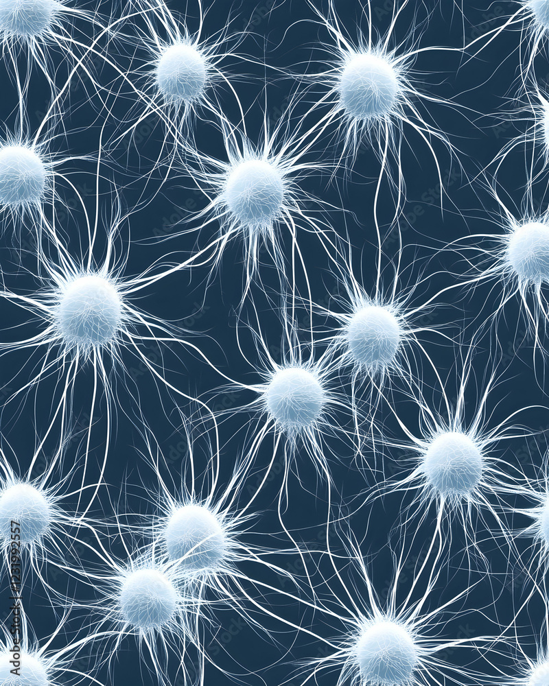 Naklejka premium Microscopic neural network, complex connections, digital illustration, science background, medical research