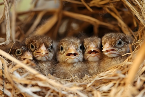 A flock of newly hatched chicks, some fully out of their shells while others peek out from cracks, nesting in a cozy straw nest photo